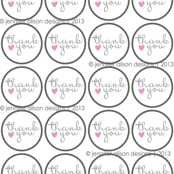 INSTANT DOWNLOAD / Thank you Heart 2" printable Party Circles / Cupcake Topper / Stickers / Thank You Tags