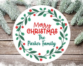 Personalized Custom Merry Christmas Wreath Labels | Personalized Christmas Wreath Labels or Tags in 3 sizes