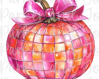 Disco Ball Pumpkin PNG: Trendy Fall Coquette Bow (Digital File)