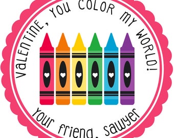 Custom Happy Valentine's day stickers, Personalized valentine's day stickers, Crayon valentines for School / Classroom valentines labels