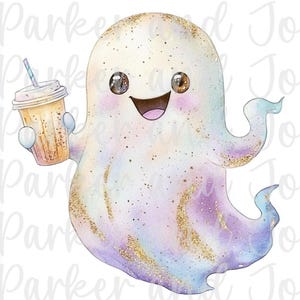 Cute Ghost with Coffee PNG, Halloween png, cute ghost png, bougie png, bougie ghost, here for the boos, trendy png, girly halloween png