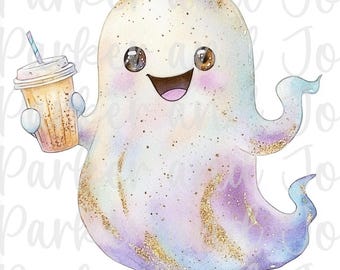 Cute Ghost with Coffee PNG, Halloween png, cute ghost png, bougie png, bougie ghost, here for the boos, trendy png, girly halloween png