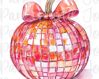 Disco Ball Pumpkin PNG: Trendy Fall Coquette Bow (Digital File)