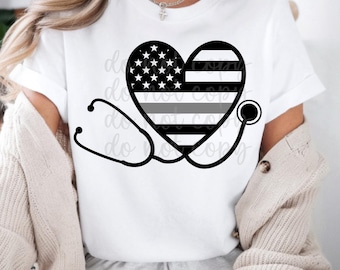 Thin Gray Line Heart Stethoscope PNG: Police, Nurse, Medical (Digital Download)