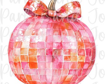 Disco Ball Pumpkin PNG: Trendy Fall Coquette Bow (Digital File)