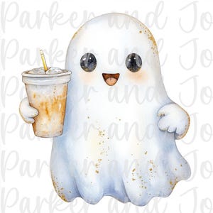 Cute Ghost with Coffee PNG, Halloween png, cute ghost png, bougie png, bougie ghost, here for the boos, trendy png, girly halloween png