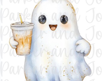 Cute Ghost with Coffee PNG, Halloween png, cute ghost png, bougie png, bougie ghost, here for the boos, trendy png, girly halloween png