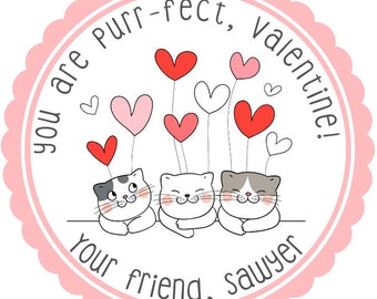 Custom Happy Valentine's day stickers, Personalized valentine's day stickers, Cat valentines for School / Classroom valentines labels