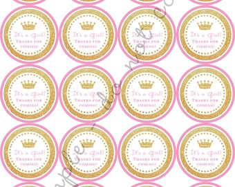 INSTANT DOWNLOAD / Gold Glitter Crown Baby Shower 2" printable Party / Cupcake Topper / Stickers / Thank You Tag