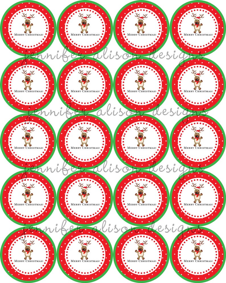 INSTANT DOWNLOAD / Reindeer Merry Christmas 2 printable Party Circles / Cupcake Topper / Stickers / Thank You Tags image 1