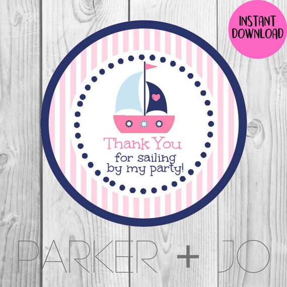 INSTANT DOWNLOAD Pink Thanks for Sailing By My Party / Gift Tags Nautical Party Printable Stickers, Labels, Tags Il_570xn