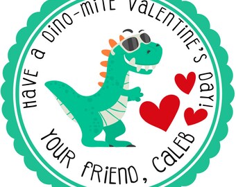 Custom Happy Valentine's day stickers, Personalized valentine's day stickers, Dinosaur valentines for School / Classroom valentines labels