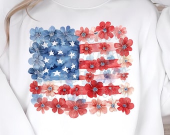 Drapeau américain floral PNG : motif patriotique du 4 juillet (téléchargement numérique)