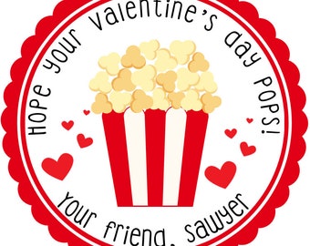 Custom Happy Valentine's day stickers, Personalized valentine's day stickers, Popcorn valentines for School / Classroom valentines labels