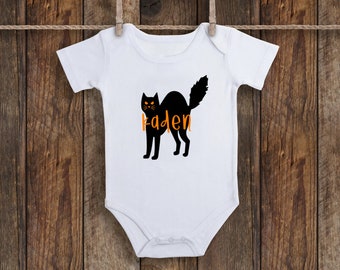 Personalized Name Halloween Fall Autumn Black Cat Baby Infant Bodysuit One piece Infant Shirt