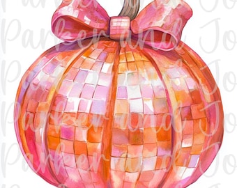 Disco Ball Pumpkin PNG: Trendy Fall Coquette Bow (Digital File)