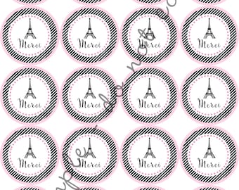 INSTANT DOWNLOAD / Merci Paris Eiffel Tower French 2" printable Party Circles  Cupcake Topper / Stickers / Thank You Tag