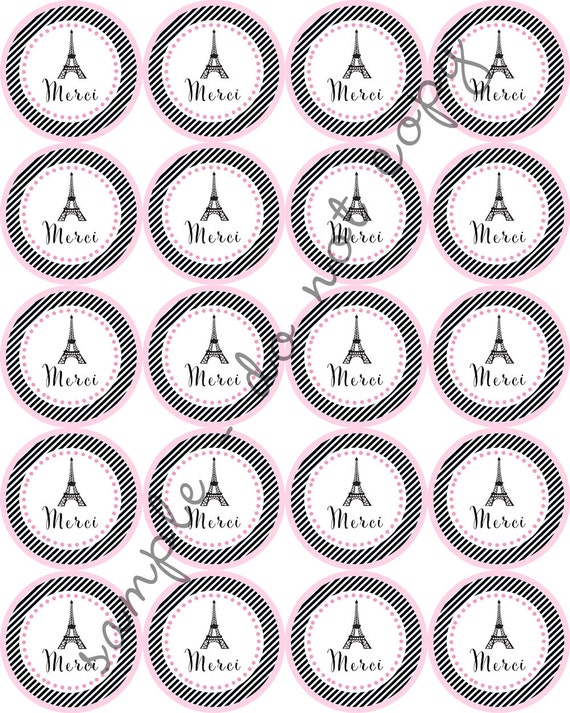 Instant Download Merci Paris Eiffel Tower French 2 Printable Party Circles Cupcake Topper Stickers Thank You Tag By Jennifer Alison Designs Catch My Party