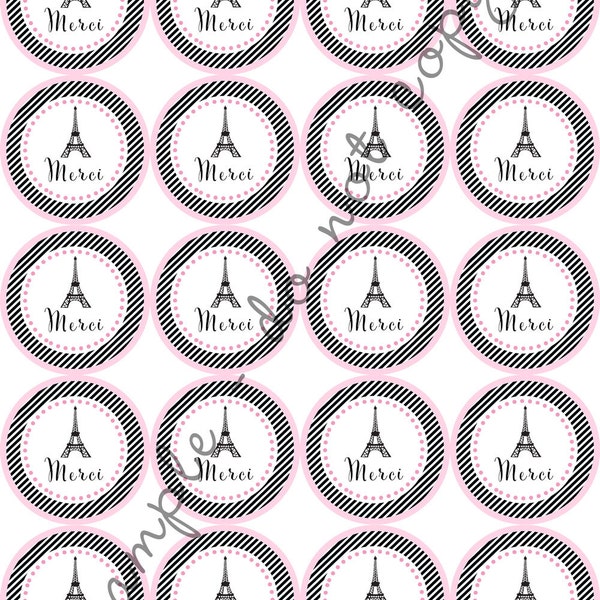 INSTANT DOWNLOAD / Merci Paris Eiffel Tower French 2" printable Party Circles  Cupcake Topper / Stickers / Thank You Tag