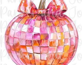 Disco Ball Pumpkin PNG: Trendy Fall Coquette Bow (Digital File)