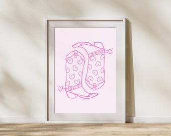 Pink Cowgirl Boots Art Print, Pink Heart Cowgirl Boots Wall Art, Fun Pink Digital Art Print, Instant Access