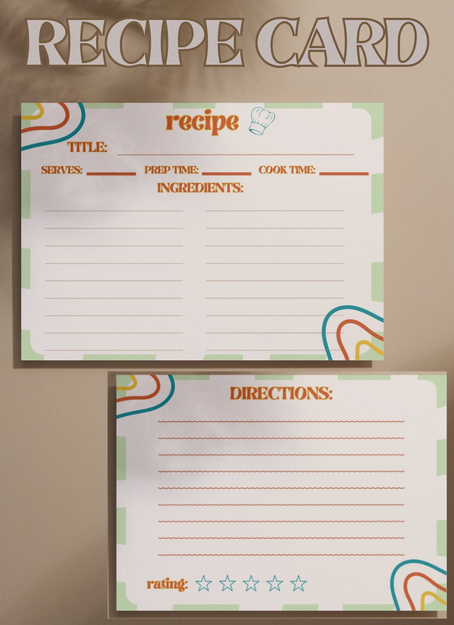 Retro Recipe Card Template, Instant Download, Printable for handwritten cards & complete customizable for typed cards, 5 x 7