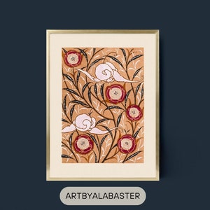 May include: A framed print of a vintage floral design with red flowers and white clouds on a beige background. The print is titled "ARTBYALABASTER".