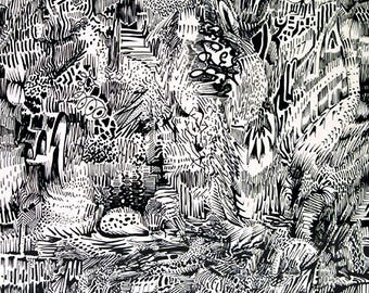 Oryginalny rysunek tuszem 9x13 JUNGLE PAREIDOLIA (1980) Sztuka psychodeliczna w stylu vintage do kolekcjonowania - zawiera certyfikat autentyczności