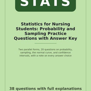 Op de afbeelding: Een lichtgroen educatief document getiteld STATS: Statistics for Nursing Students: Probability and Sampling Practice Questions with Answer Key. Het bevat 38 vragen met uitleg, 5 inhoudsgebieden en is voorzien van het merk ScrubReady.