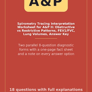 Könnte beinhalten: Ein rotes Arbeitsblatt mit der Überschrift A&P und dem Text Spirometry Tracing Interpretation Worksheet for A&P II: Obstructive vs Restrictive Patterns, FEV1/FVC, Lung Volumes, Answer Key, 18 questions with full explanations, 4 content areas, ScrubReady.