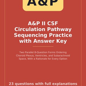 May include: A red educational study guide titled A&P II CSF Circulation Pathway Sequencing Practice with Answer Key. It features two parallel 8-question forms, 23 questions with full explanations, 4 content areas, and the brand name ScrubReady.