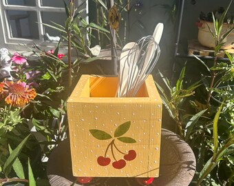 Wooden Utensil Holder with painted Cheeries