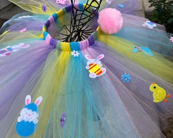Easter Bunny Tutu Skirt | Pastel Colors with Easter Decor | Handmade Girls Holiday Tutu