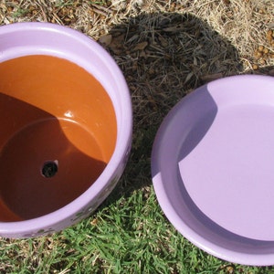 May include: A purple ceramic planter with a matching saucer. The planter has a terracotta interior and a drainage hole.