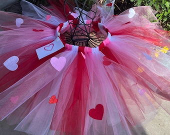 Valentine Tutu Skirt for Girls | Pink, Red & White Tulle with Sparkle Hearts | Handmade Holiday Outfit