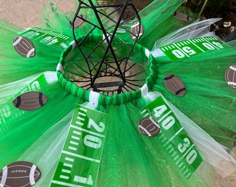 Football Season Tutu Skirt | Green & White Tulle with Football and Field Yard Line Decor