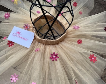Gold Tulle Tutu Skirt | Pink Flower Accent Girls Outfit | Handmade Birthday & Photo Shoot Tutu