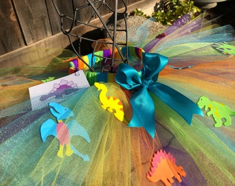 Dinosaur Tutu Skirt for Girls | Colorful Dino Tulle Outfit with Turquoise Bow | Handmade Birthday Dress Up Tutu - Dinosaur Tutu skirt
