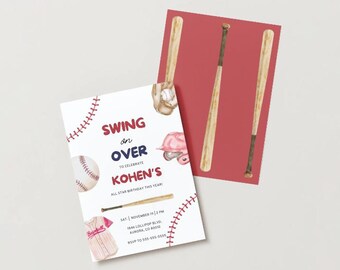 May include: Baseball-themed birthday party invitation with red stitching, a baseball, a baseball glove, a baseball bat, and a baseball cap. The text on the invitation reads "Swing on Over to Celebrate Kohen's All Star Birthday This Year!"  The date and time of the party are listed as "Sat. November 12 | 2 PM" and the address is "1846 Lollipop Blvd. Aurora, CO 80010". The RSVP number is "555-555-5588".