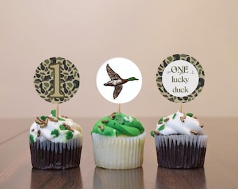 Printable Cupcake Toppers One Lucky Duck Birthday Decor Duck Theme 1st Birthday Duck First Birthday Decor Idea For Boy Mallard Duck Birthday