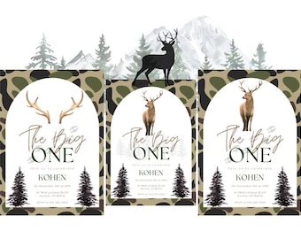 May include: Three printable invitations for a first birthday party with a woodland theme. The invitations feature a camouflage pattern, a deer silhouette, and the text "The Big One" with the name "Kohen".
