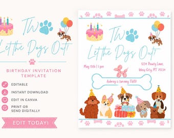 Invitación de cumpleaños con temática de "Dejad salir a los perros": Fiesta de cachorros rosas (Descarga digital)