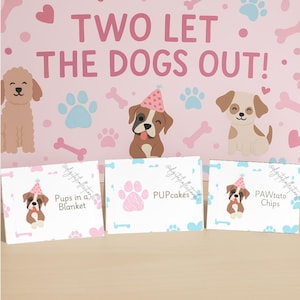 Étiquettes imprimables de nourriture de fête pour chiots - 4 x 3 po. pliée | Cartes modifiables pour buffet d'anniversaire de chien | Deux polices de caractères | Téléchargement instantané