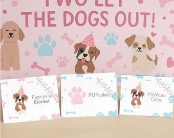 Può includere: Uno sfondo rosa con la scritta "TWO LET THE DOGS OUT!" e illustrazioni di cani, impronte di zampe e ossa. Tre biglietti recitano "Pups in a Blanket", "PUPcakes" e "PAWtato Chips".