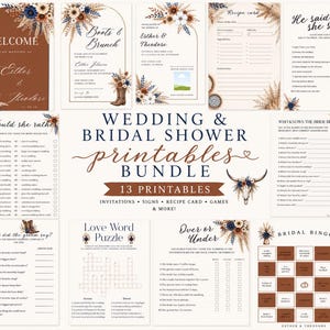 May include: A collection of 13 wedding and bridal shower printable templates featuring a terracotta, navy blue, and cream color palette with floral arrangements, pampas grass, and a steer skull graphic, including invitations, signs, and games.