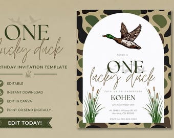 Mallard Duck Camo 1st Birthday Invitation – Hunting Theme Digital Invite