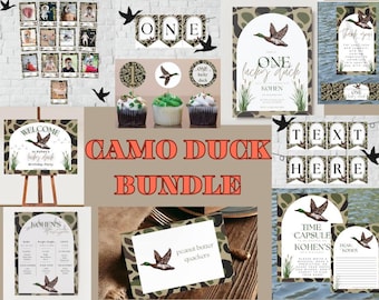 Camo Mallard Duck Birthday Party Bundle | Hunting Theme Printable Decorations & Invitation | One Lucky Duck |Editable Digital Download