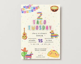 Convite de Aniversário "Taco Twosday" | Modelo Editável para Festa de Aniversário de 2 Anos com Tema Mexicano | Download Digital