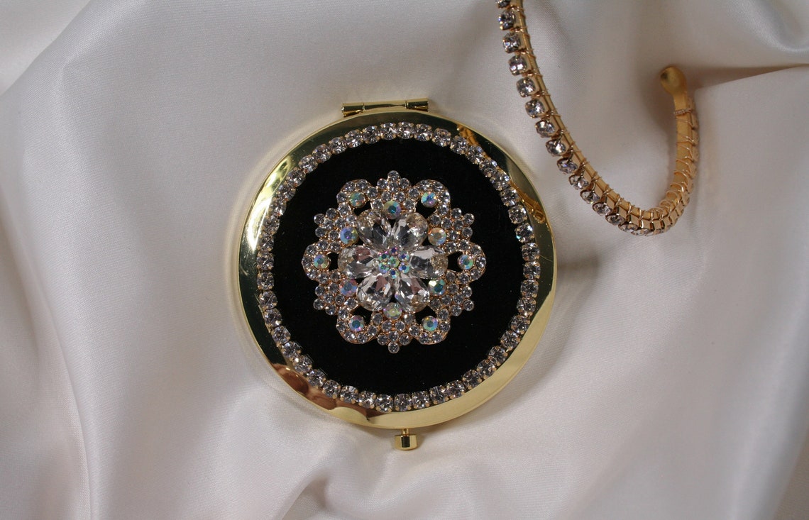 Women's Gold Compact Mirror Rhinestone Mirror Glamorous Etsy