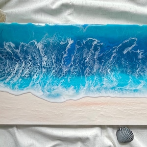 Ocean Wave Resin Art on Canvas: Beach Seascape with Seashells